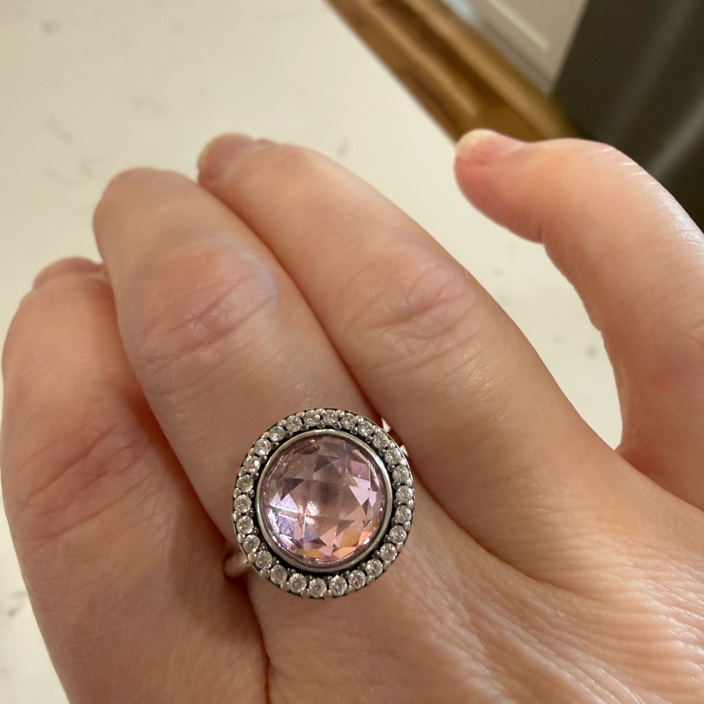 Discontinued Pandora Silver Ring with Light Pink Center and Crystal Halo